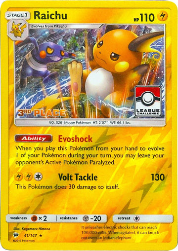 Raichu (041/147) (League Promo 3rd Place) [Sun & Moon: Burning Shadows]
