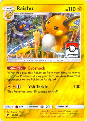 Raichu (041/147) (League Promo 4th Place) [Sun & Moon: Burning Shadows]