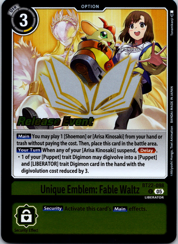 Unique Emblem: Fable Waltz [BT22-098 U] [Cyber Eden Release Event Cards] Foil