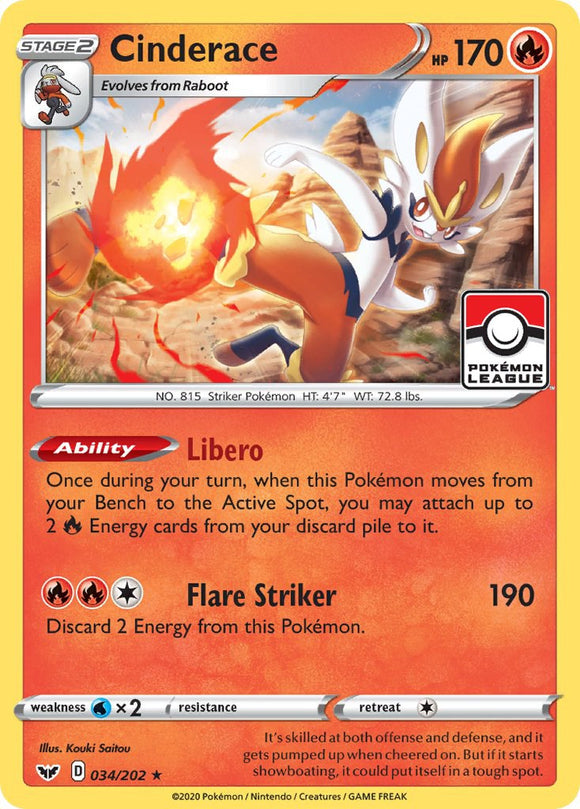 Cinderace (Pokemon League) [034/202] [League & Championship Cards] Reverse Holofoil