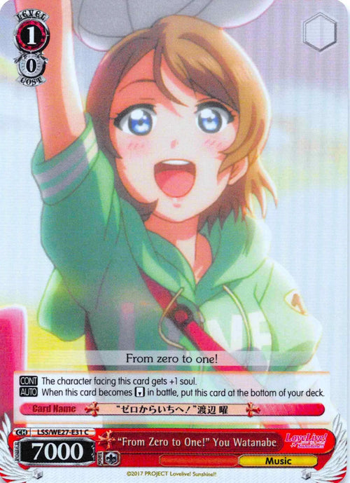 4d91944a-0b46-47fa-bea9-fb030e9bcfeb | ws-lss/we27-e31-c-nf-lovelivesunsextrboos-pf-com-nm | "From Zero to One!" You Watanabe (Parallel Foil)