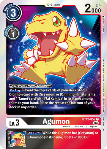 Agumon (Official Tournament Pack Vol.11) [BT12-059] [Across Time] Foil