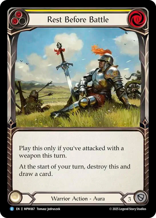 7f998800-094f-4d95-9b49-c412d4de43f2 | fab-mpw067-nf-mastpackwarr-y-rar-nm | Rest Before Battle (Yellow)