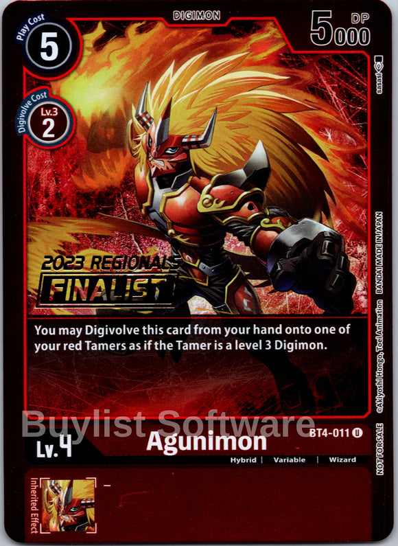 Agunimon (2023 Regionals Finalist) [BT4-011] [Great Legend] Foil