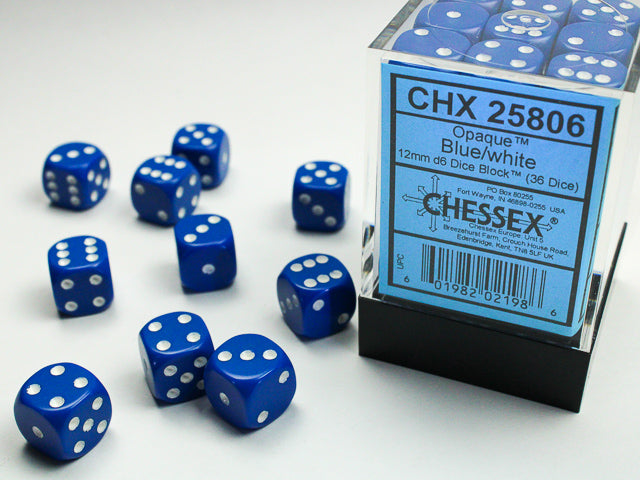 Chessex 36ct Blue / White Opaque D6 Dice - Duel Kingdom