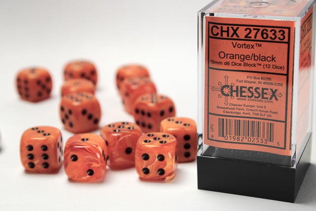 Chessex 12ct Vortex Orange/black D6 Dice - Duel Kingdom