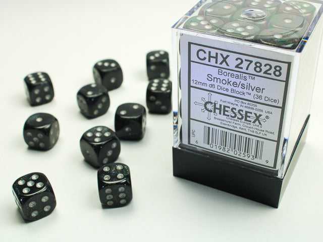 Chessex 36ct Smoke w/silver Borealis D6 Dice - Duel Kingdom